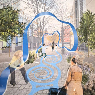 A mixed media image showing a seating 'ribbon' and floor markings