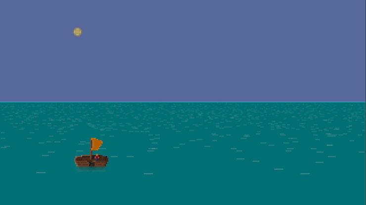 Pixel art of a small boat with an orange sail on a vast ocean under a moonlit night sky, conveying tranquility and isolation.