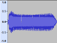 Blue audio waveform on a gray background with a vertical scale from -1.0 to 1.0 on the left. The waveform is dense and symmetrical.