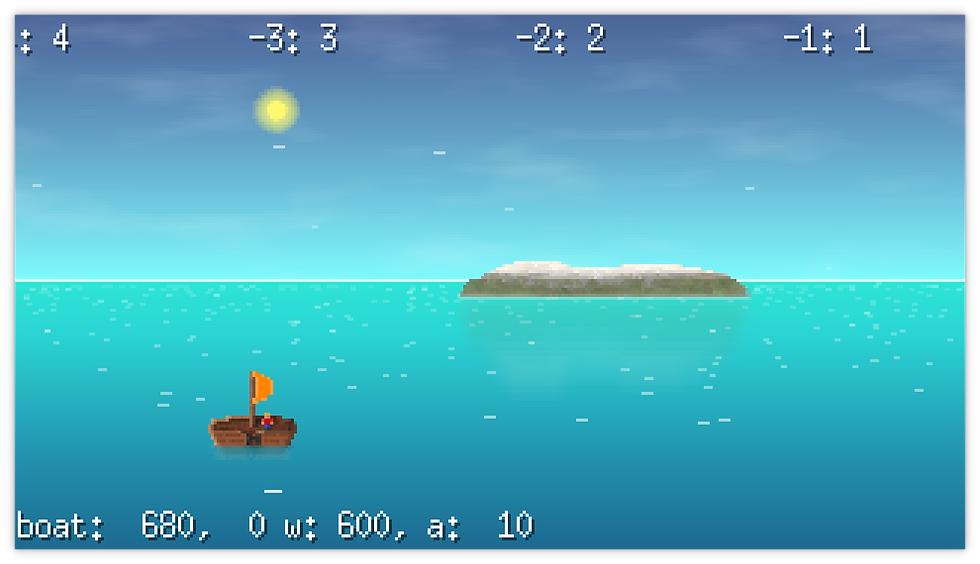 Pixel art of a small boat with an orange flag on blue sea under a sunny sky. An island in the distance. Text with coordinates is visible.