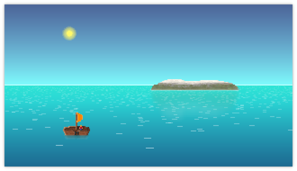 Pixel art of a small boat with orange flag on a bright blue ocean. Island in distance under sunny sky, giving a calm, serene vibe.