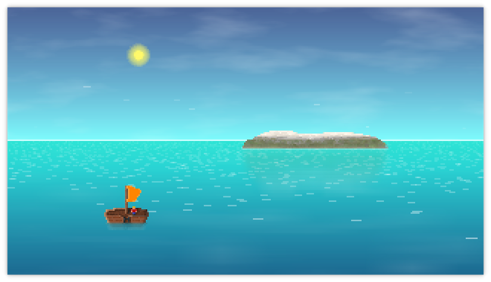Pixel art of a small wooden boat with an orange sail in a blue sea, sun above, and a distant island on the horizon. Tranquil vibe.