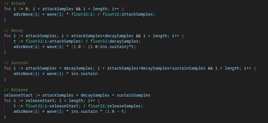 Screenshot of code in a dark-themed editor. It includes comments and loops for attack, decay, sustain, and release phases of audio processing.