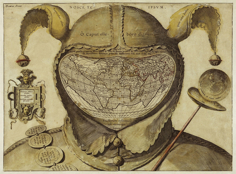 The Foolscap Map of circa 1590 O caput elleboro dignum. The world in the head of a fool.