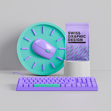 eine Uhr mit einer Maus, eine Verpackung und eine Tastatur, welche für Ausarbeitung und Reinzeichnung steht