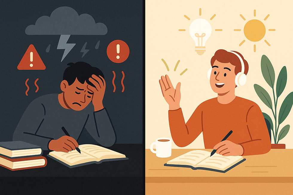 Linke Seite: Lernen unter Stress - eine dunkle, angespannte Atmosphäre mit einer gestressten Person, umgeben von Warnsymbolen, Gewitterwolken und roten Stressindikatoren. Rechte Seite: Lernen mit Freude und Sicherheit - eine helle, warme Atmosphäre mit einer entspannten Person in einer angenehmen Lernumgebung, umgeben von Licht, Pflanzen und positiven Symbolen.