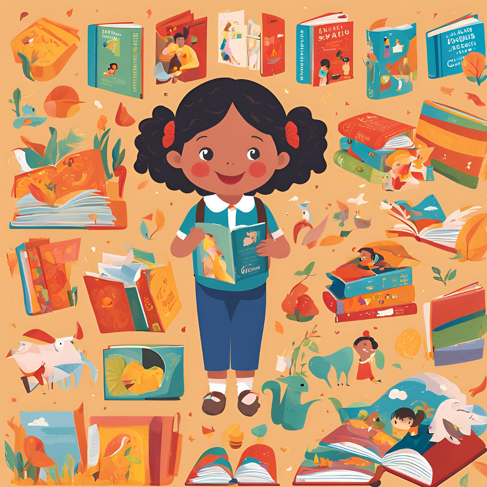 A smiling girl reads a book in a colorful setting with floating open books and vibrant illustrations on an orange background.