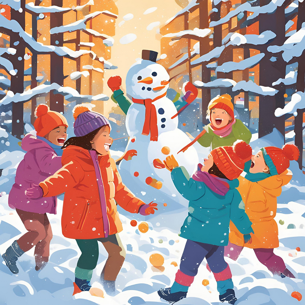 Children in colorful winter clothes joyfully play around a snowman in a snowy forest, with a warm orange glow from the sunset above.