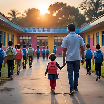 A man and a child with backpacks walk toward a colorful school at sunrise, surrounded by other children. Mood is warm and hopeful.