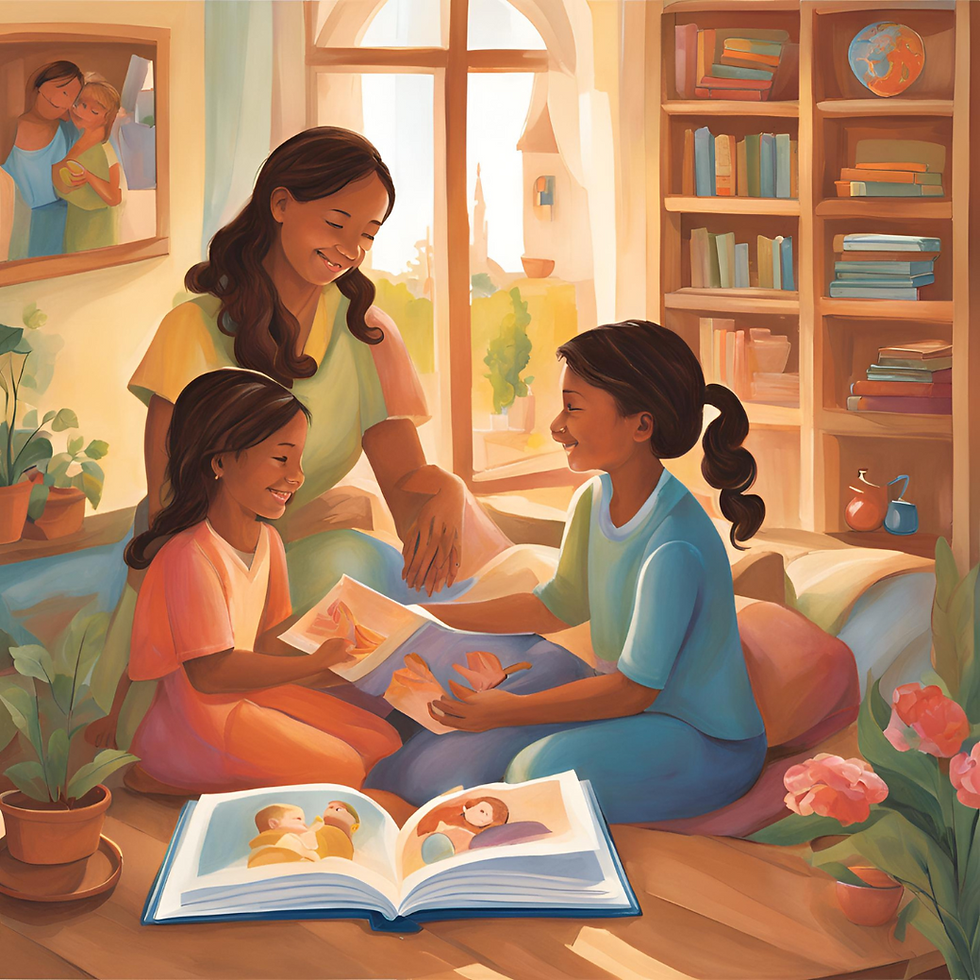 Family reading a book together, smiling in a cozy room with bookshelves and plants. Warm sunlight streams through a large window.