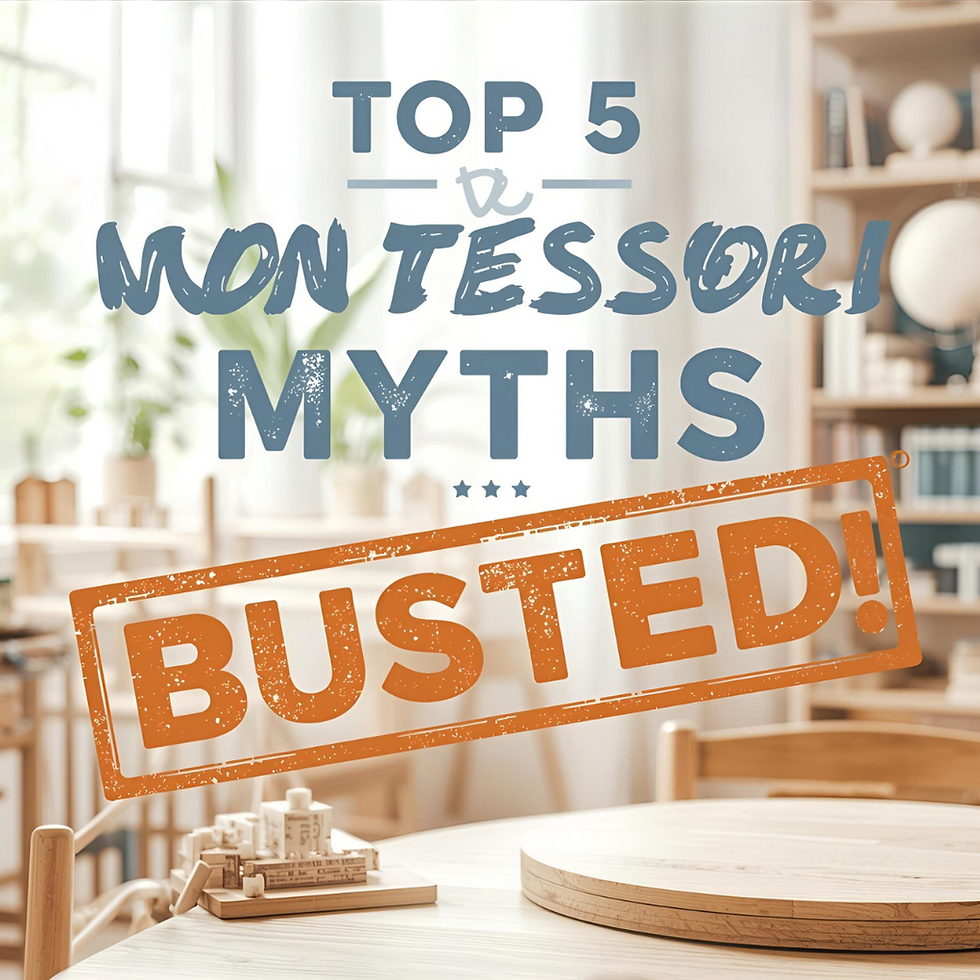 Text "Top 5 Montessori Myths Busted!" overlays a cozy classroom with wooden furniture and shelves. Calm and educational mood.