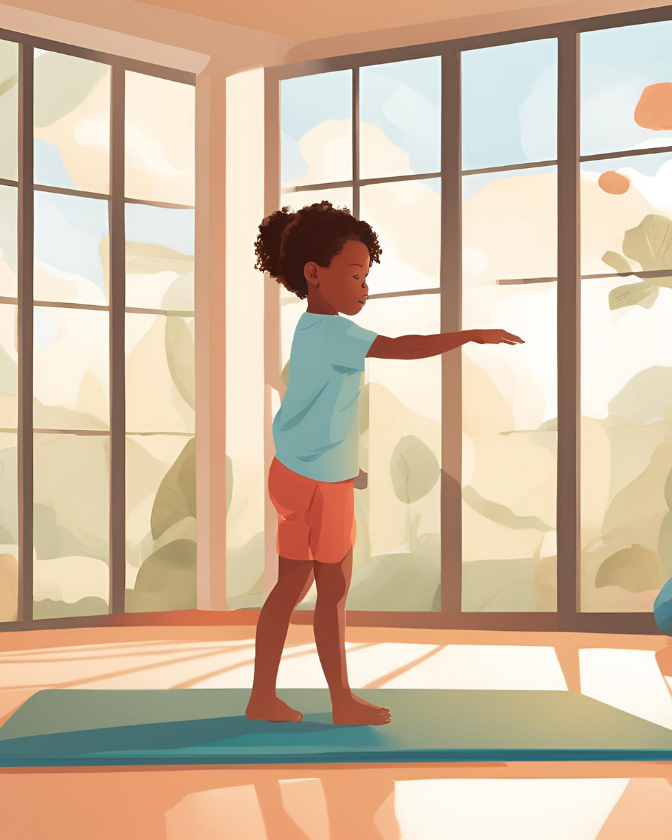 Child practicing yoga on a mat in a sunlit room. Large windows with a garden view. Wearing a blue shirt and orange shorts, serene atmosphere.
