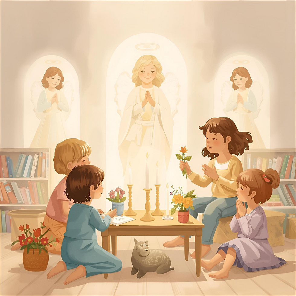 Children pray with flowers around a table with candles, surrounded by angelic figures. A cat sits nearby, and bookshelves line the room.