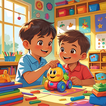 Two boys play with a colorful toy car in a cheerful classroom, surrounded by art supplies and bright decorations, smiling happily.