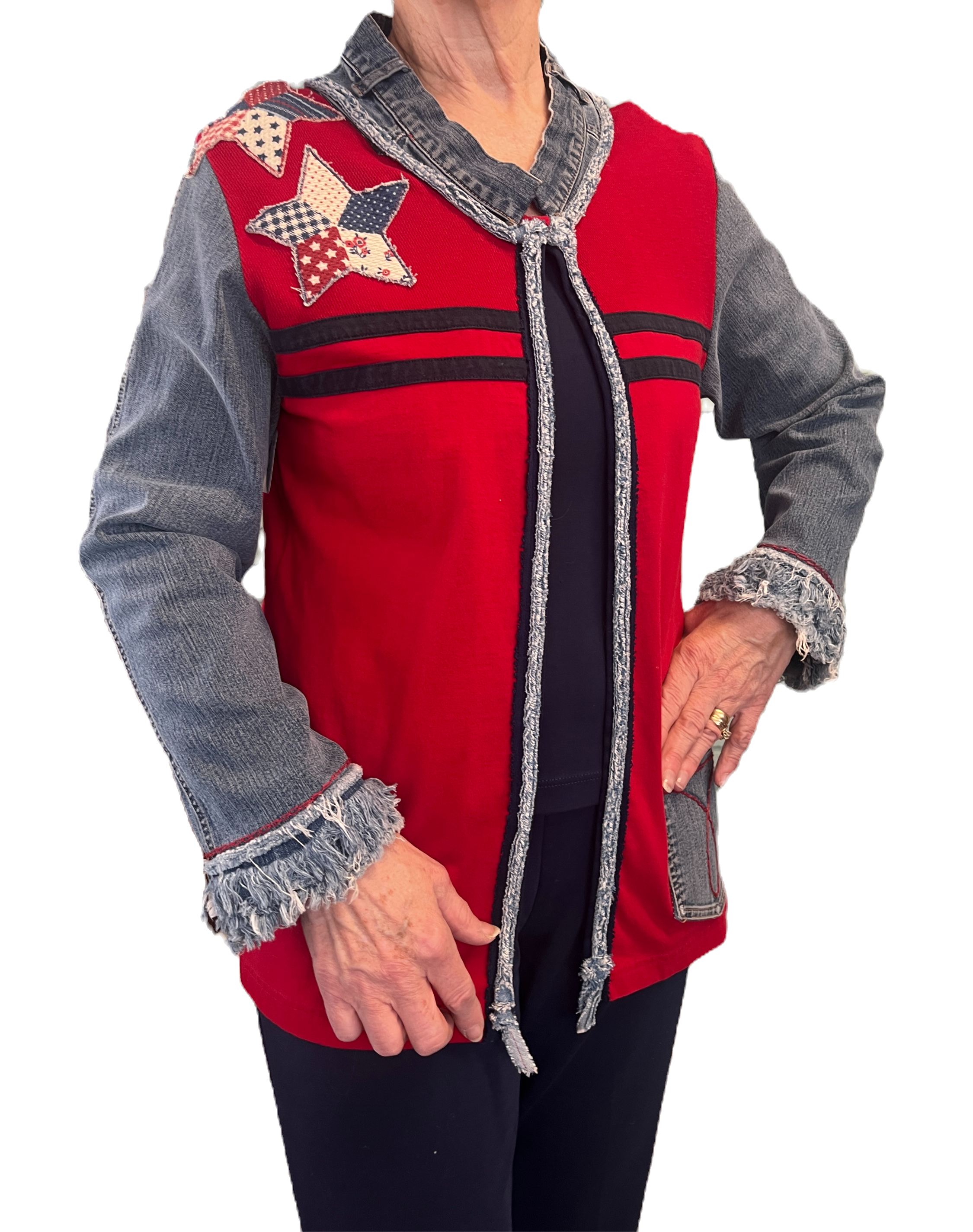 Fringe-Sleeve Jeans Red-T Upcycle Patriotic Top - Large