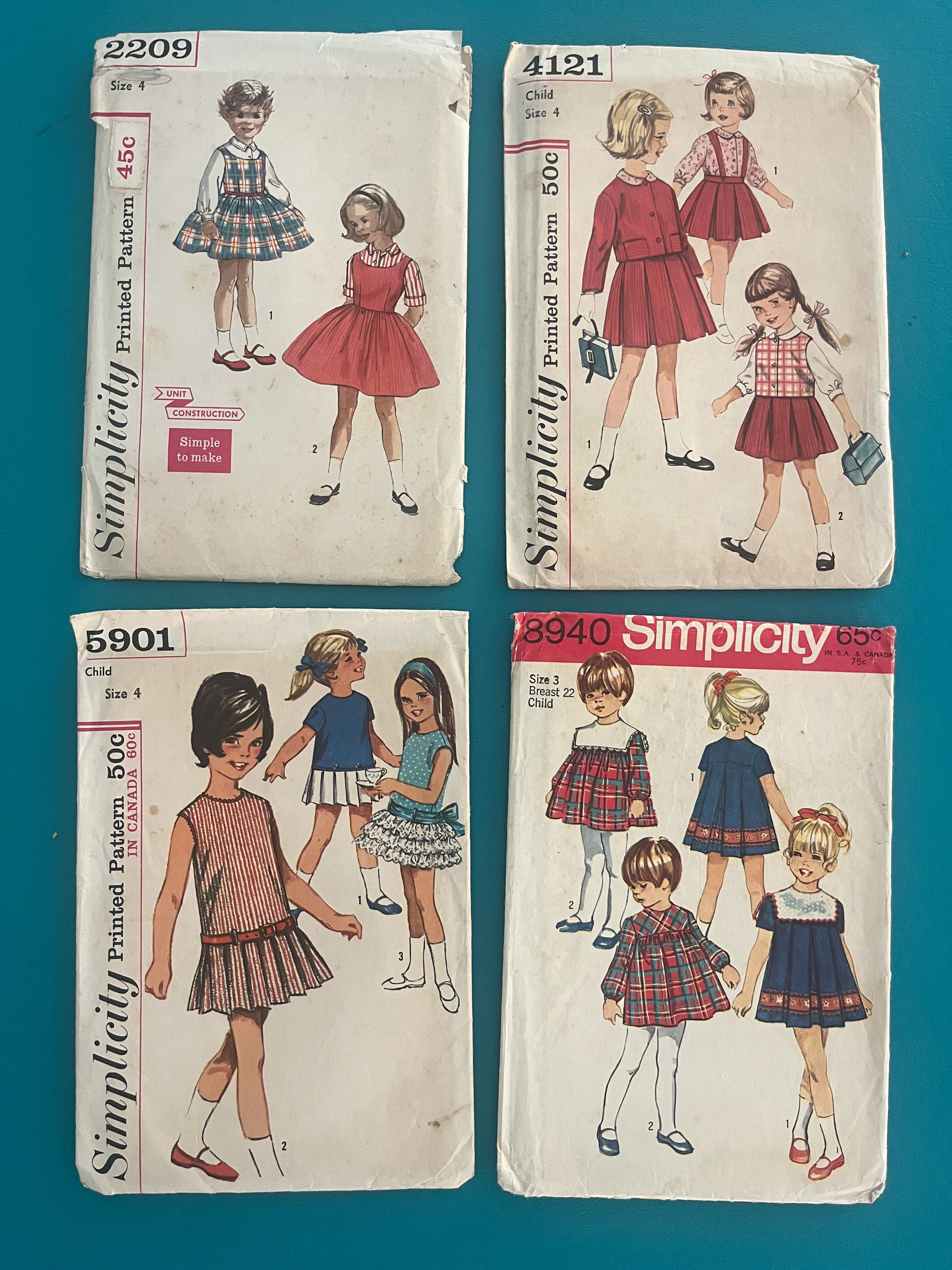 Lot of 4 — Vintage 1958-1962 Simplicity Girls' Patterns: Size 3 & 4 Uncut unused
