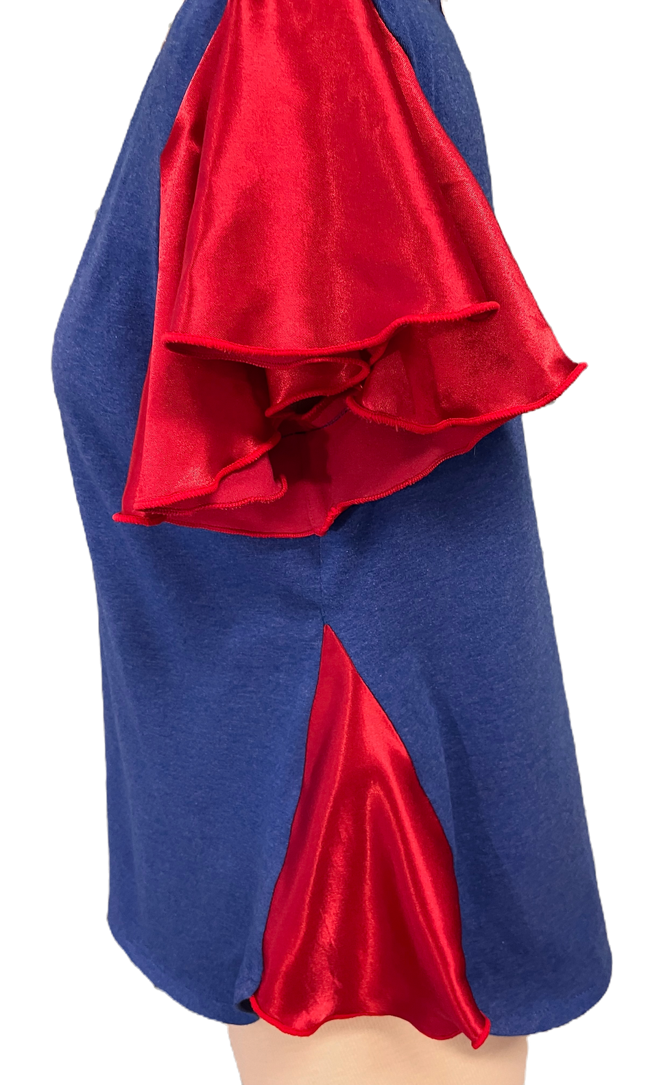 Thumbnail: Handmade Blue Women’s Shirt – Red Satin Flounce Sleeve Large, USA Made