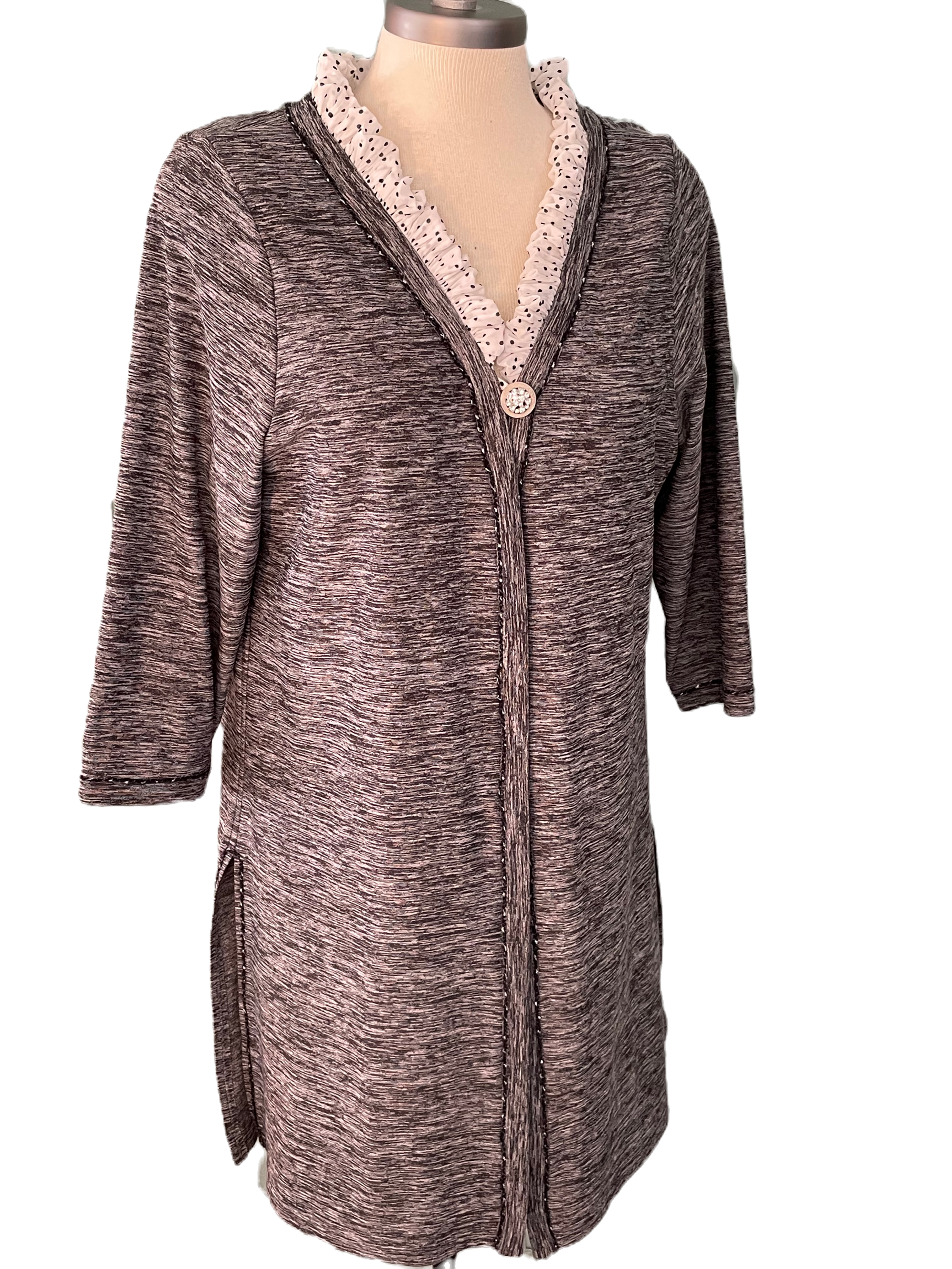 Ruffle Neck Black/White Duster Coat for Women  (2XL)