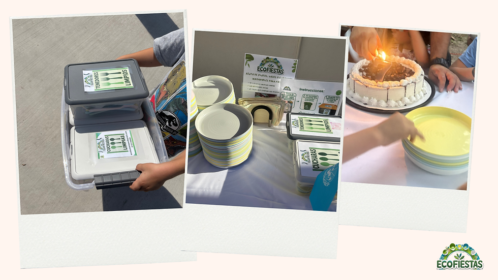 Photos of the party kit in action including packed in a box, set up ready for a party and then next to a cake with a lit candle. 