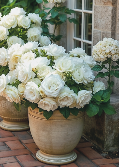 a weathered brick garden floor with large terrocata pots with white roses or white and gre