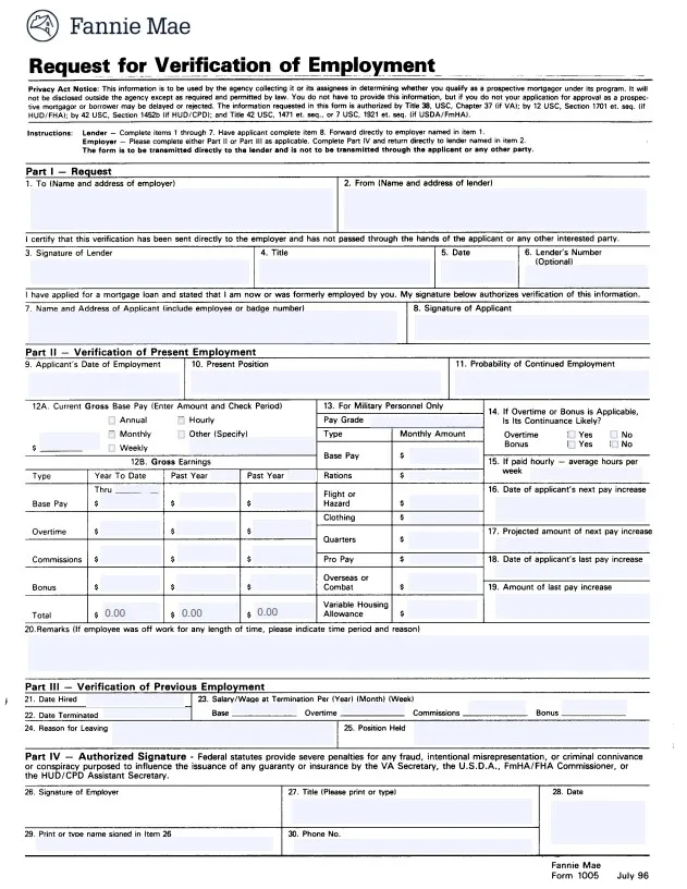 Fannie Mae VOE Form - 1005