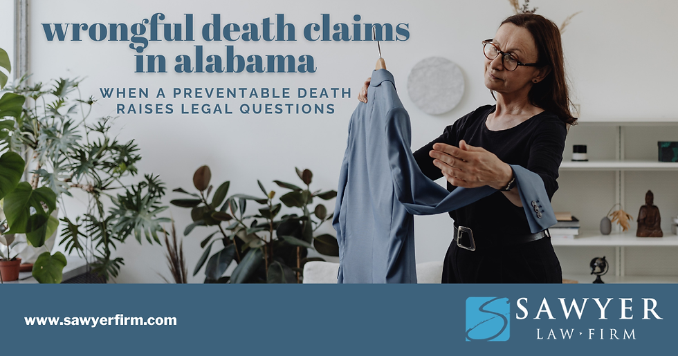 Woman holds a blue shirt in a living room with plants. Text: "Wrongful death claims in Alabama." Sawyer Law Firm logo present.