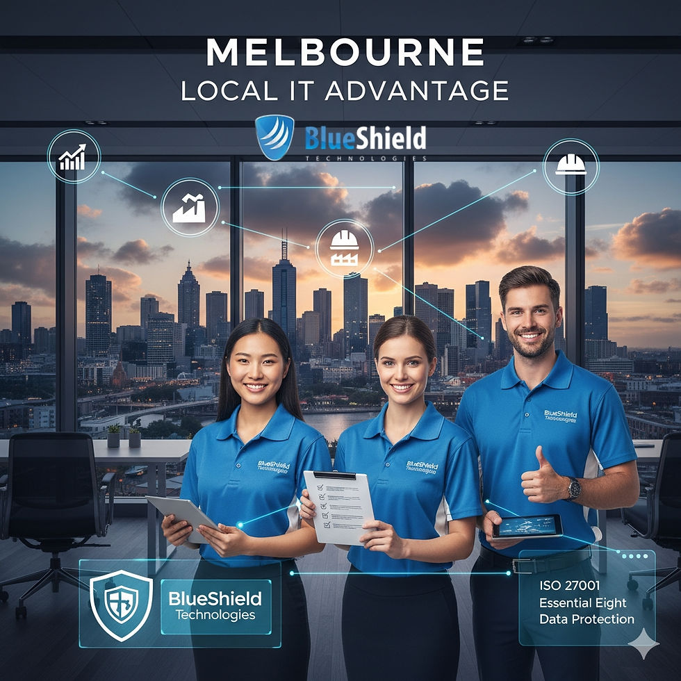 Melbourne local advantage: BlueShield Technologies team with IT icons, highlighting managed IT services expertise in Melbourne.