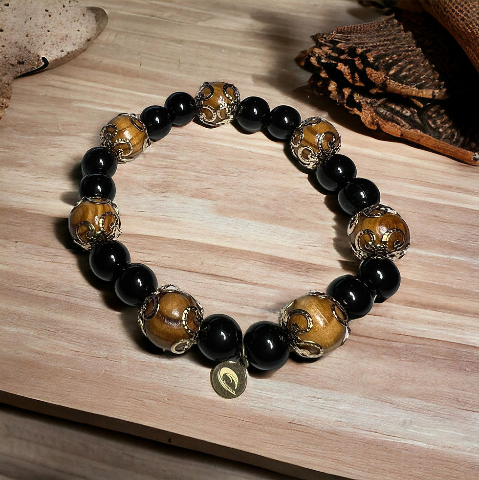 Thumbnail: 8mm round wood bead bracelet with gold and colored bead accents