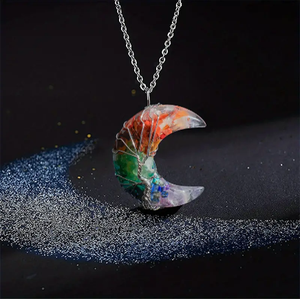 Thumbnail: Crystal & Resin Moon Wire Wrapped Pendant Necklace