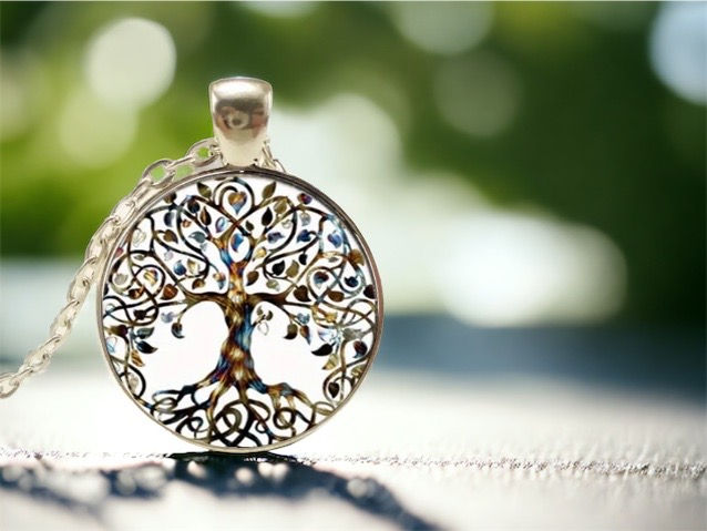 Thumbnail: 22" Silver Necklace with Black Tree of Life Pendant