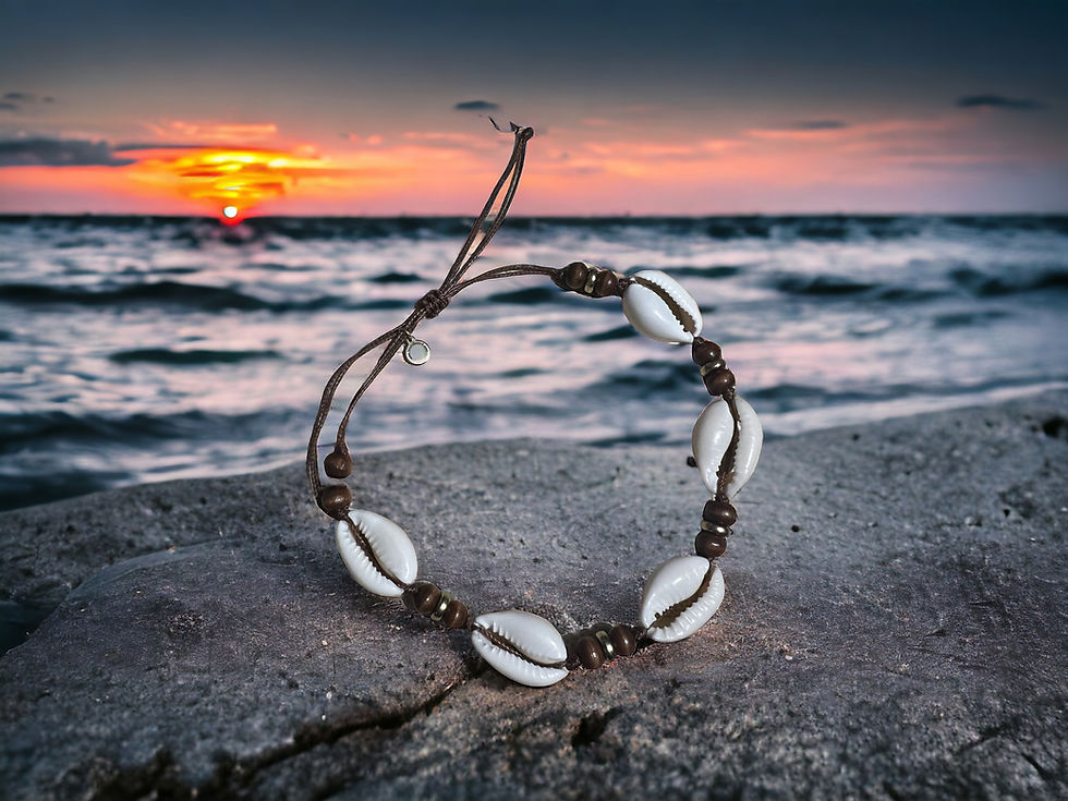 Thumbnail: Puka Shell Adjustable Bracelet / Anklet with Wood & Gold Spacer Beads