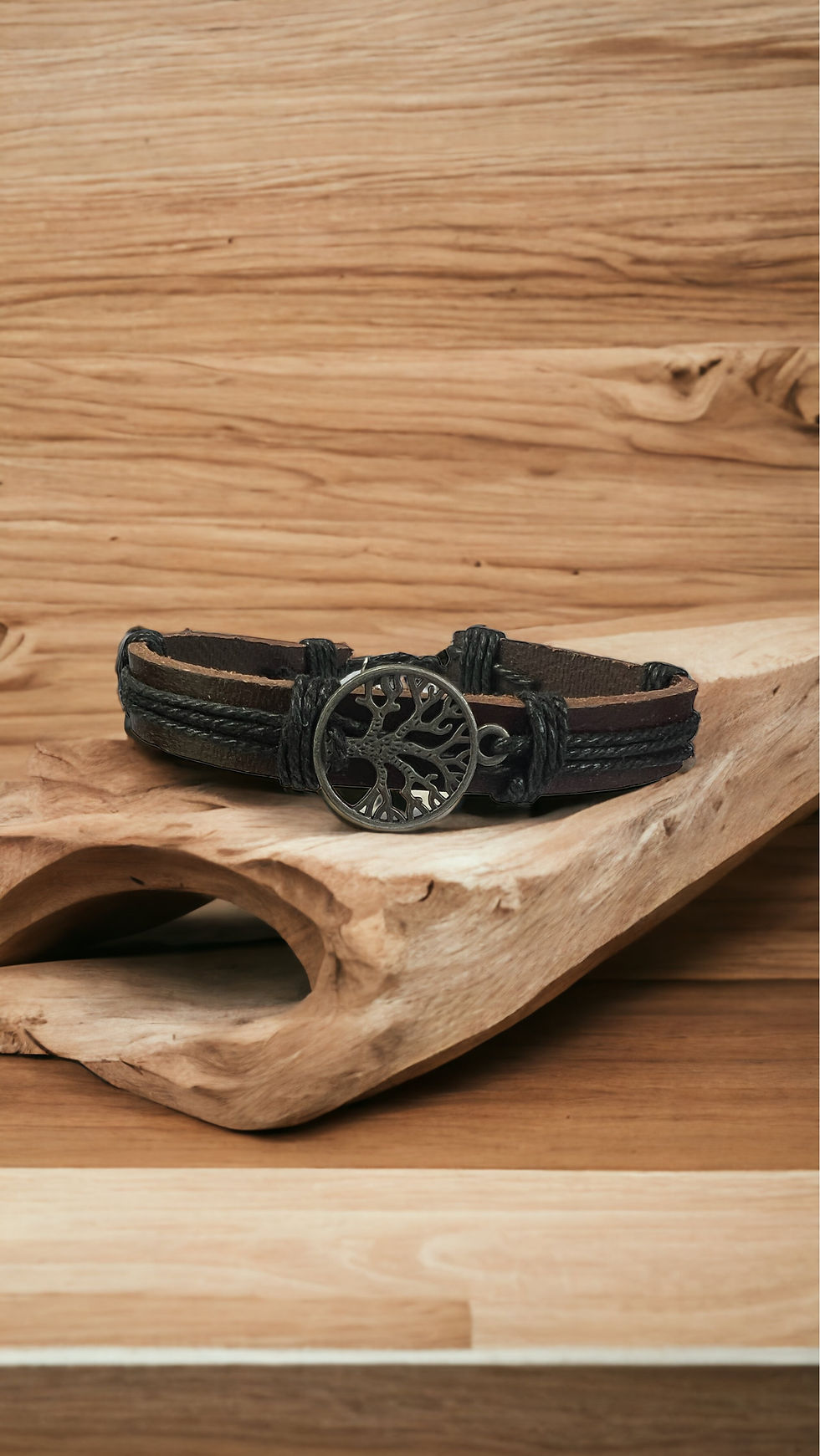 Thumbnail: Vintage Leather Bracelet with Tree of Life Accent Charm