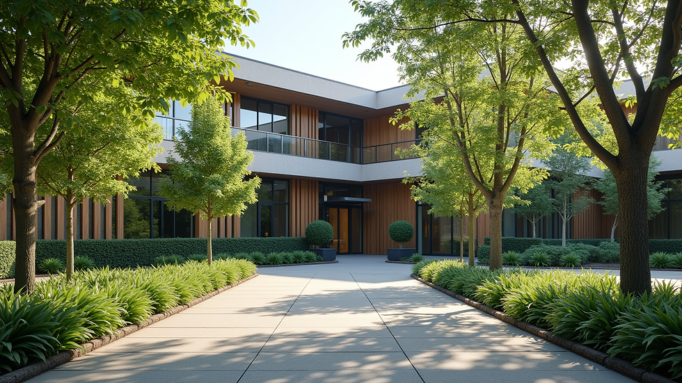 Eye-level view of a commercial property with well-maintained landscaping and healthy trees