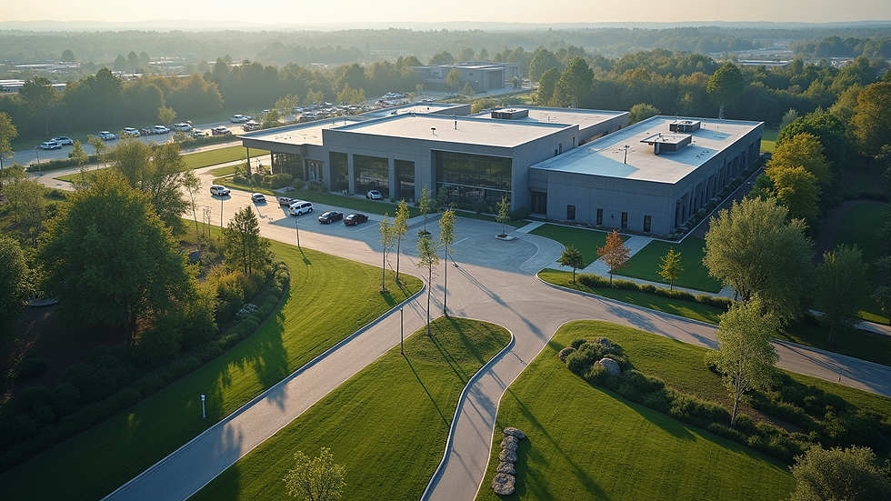 High angle view of commercial property with well-managed landscape and drainage system