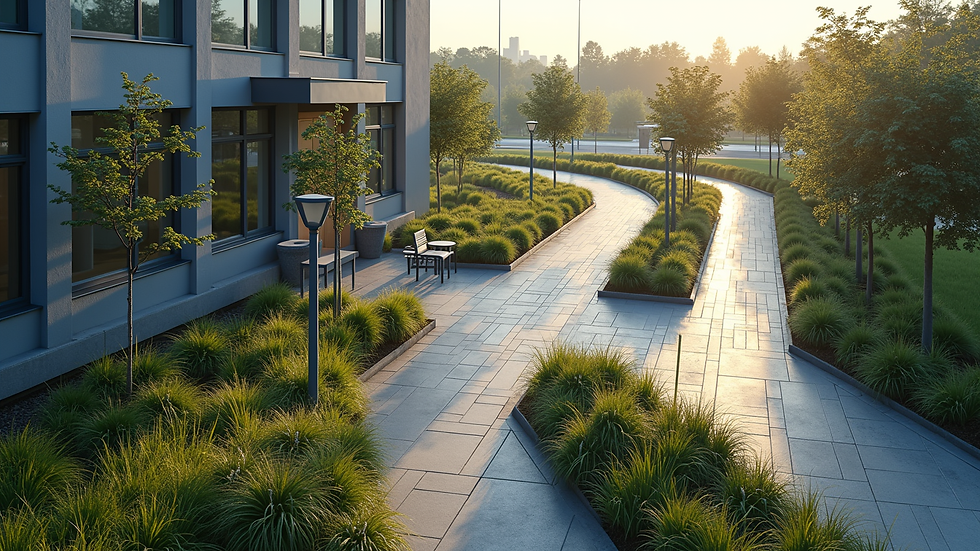 High angle view of commercial property with drainage system and healthy landscaping