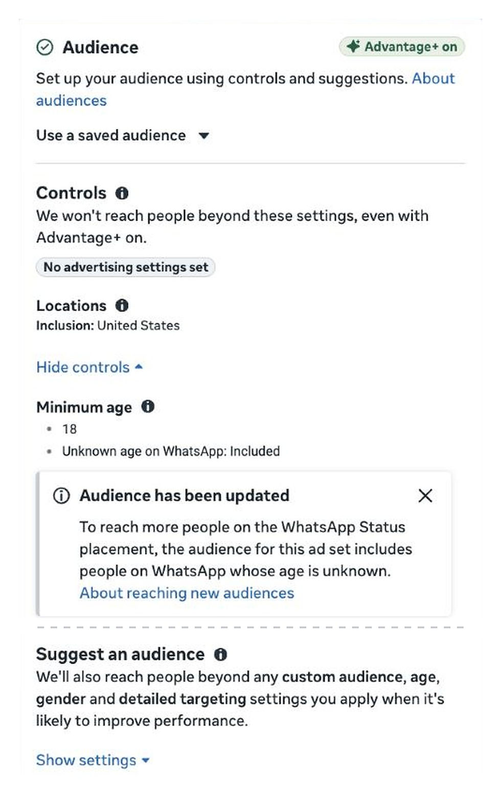 Meta Advantage+ audience: controls are hard limits, age, gender and targeting are suggestions