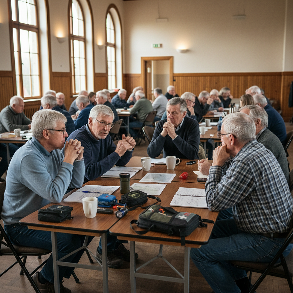 Grey men and women sitting around tables in engaged discussion about gear and preparedness topics