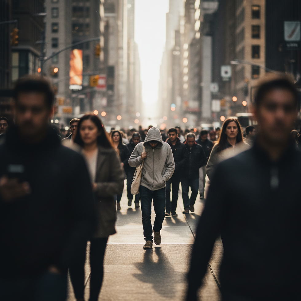 A lone figure blending into a busy urban crowd