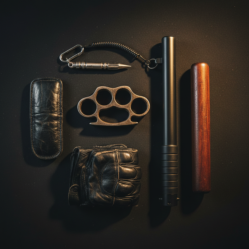 Flat lay of less lethal impact weapons on a dark tactical surface