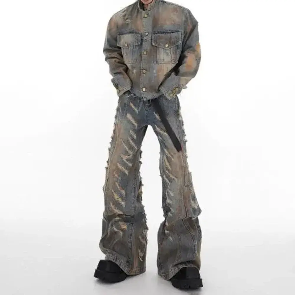 Mens Denim Jacket Jeans Wilderness Construction Site Style Distressed Washed