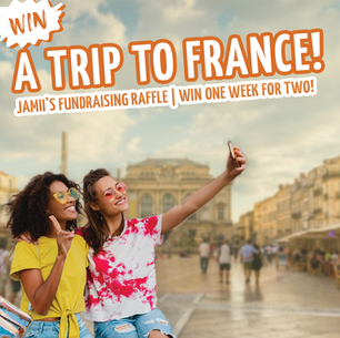Two women take a selfie in a city square; poster says A Trip to France, raffle draw June 30.