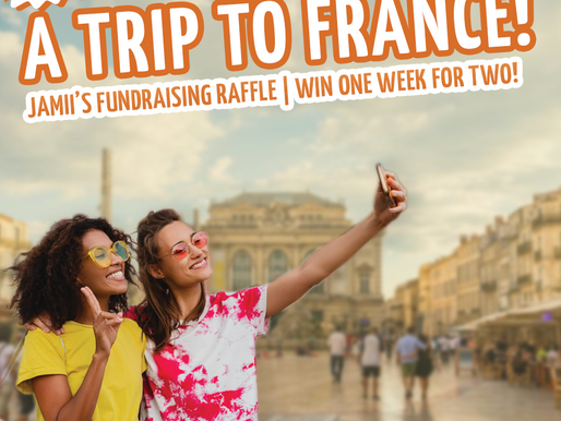 Two women take a selfie in a city square; poster says A Trip to France, raffle draw June 30.