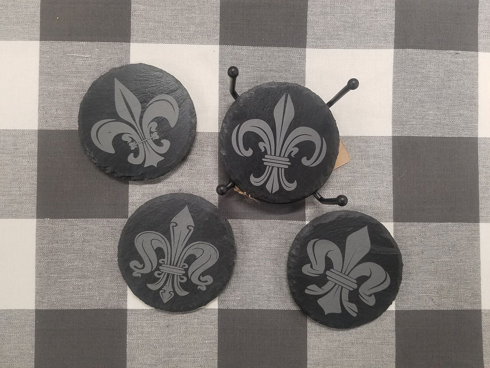 Thumbnail: CUSTOM ENGRAVED FLEUR DE LIS SLATE COASTER SET OF 4 WITH STAND