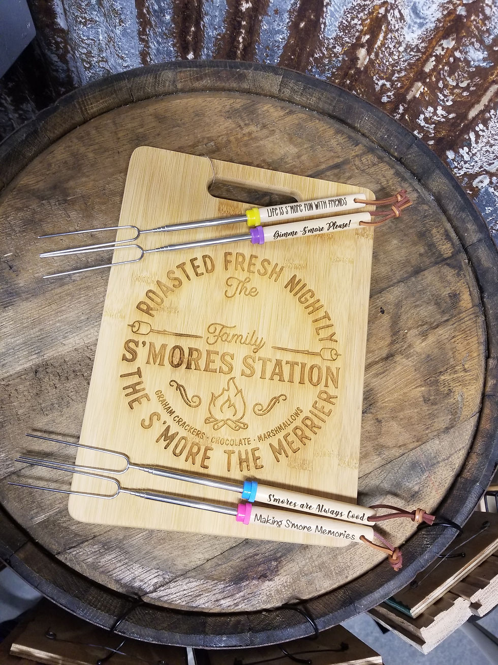 Thumbnail: CUSTOM ENGRAVED S'MORE BOARD/TRAY WITH TELESCOPING ROASTING STICKS/SKEWERS