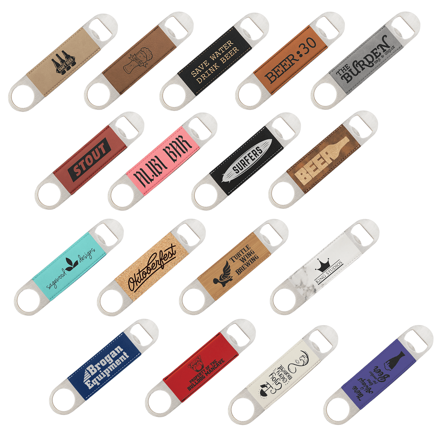 CUSTOM ENGRAVABLE BOTTLE OPENER WITH LEATHERETTE GRIP IN A VARIETY OF COLORS