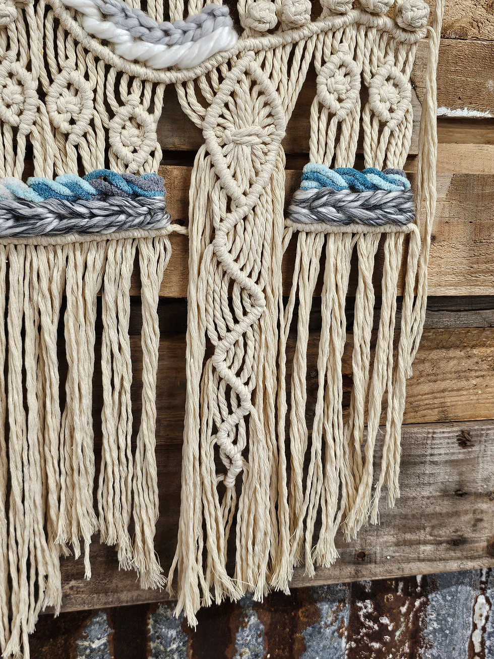 Thumbnail: HANDMADE UNIQUE MACRAME WALL HANGING WITH TEAL HIGHLIGHTS - BOHO HOME DECOR