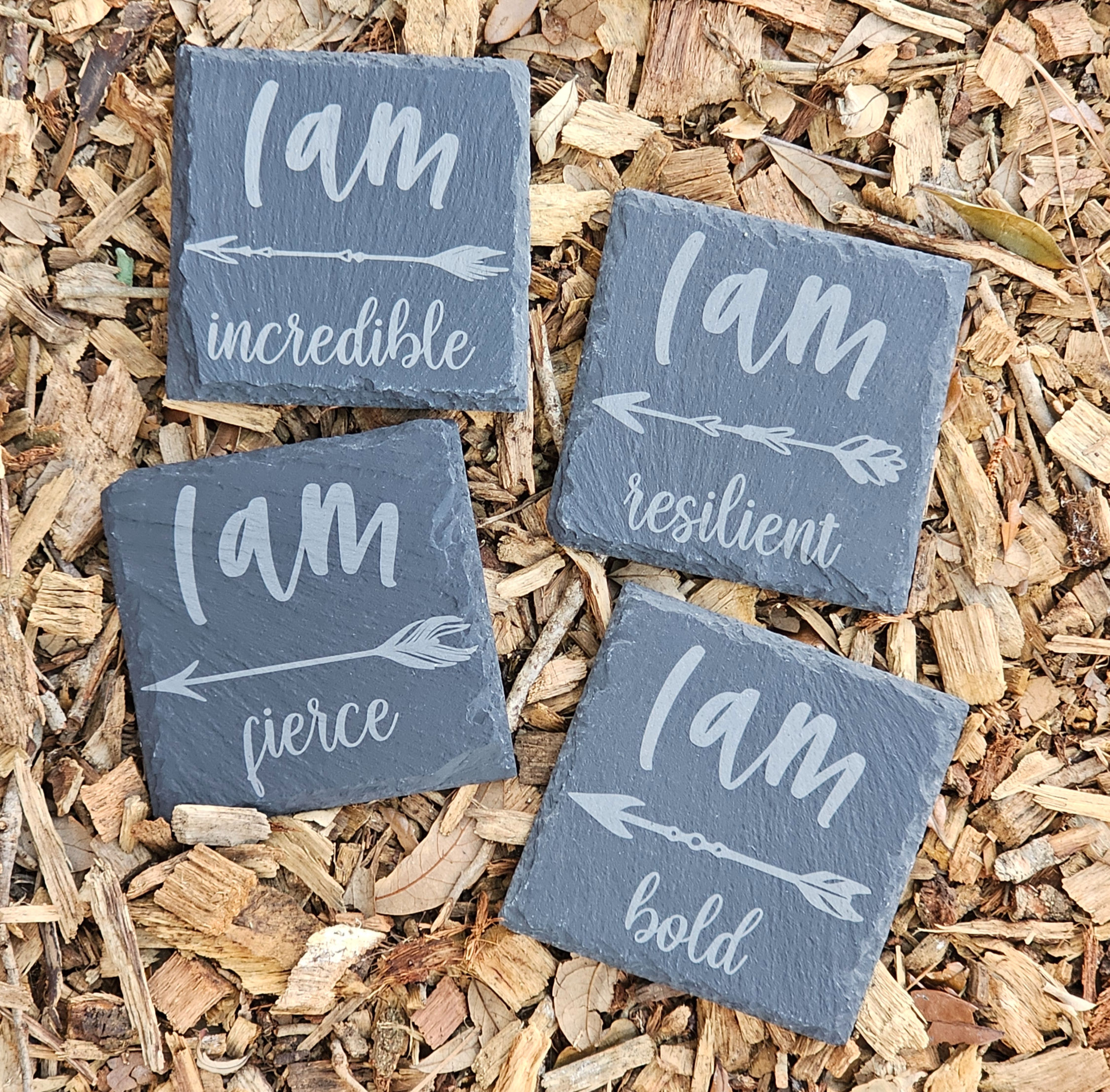 CUSTOM ENGRAVED "I AM" SLATE COASTER SET - STRENGTH & STYLE IN EVERY SIP