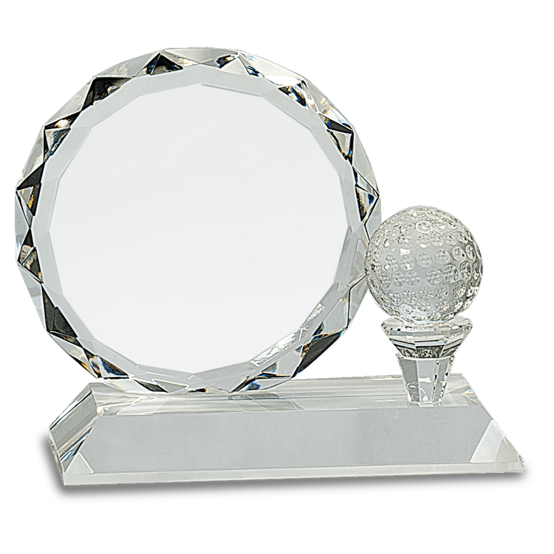 ROUND FACET CRYSTAL WITH GOLF BALL ON CLEAR PEDESTAL BASE AWARD