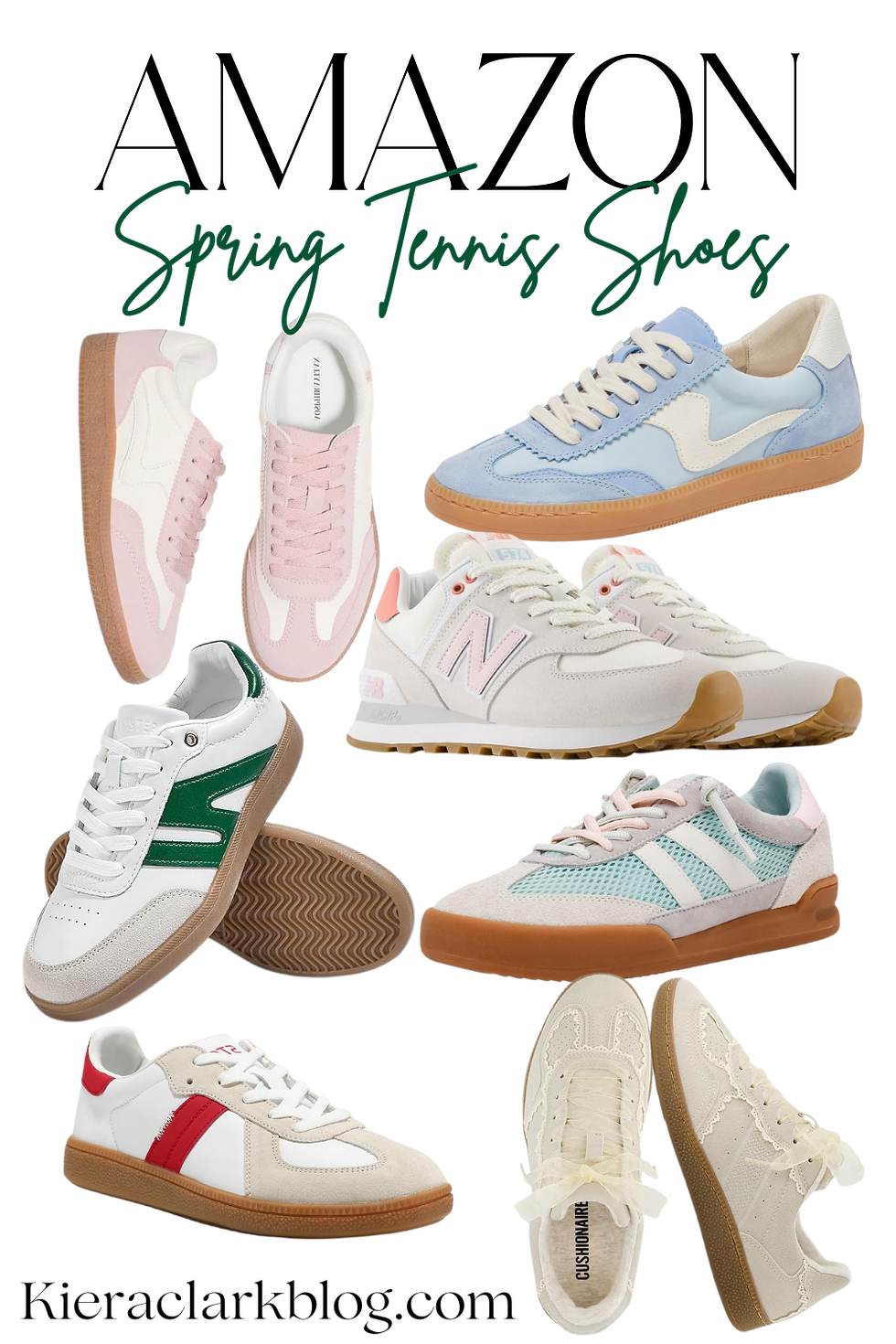 Various stylish tennis shoes on display with colorful designs. Text reads "Amazon Spring Tennis Shoes."