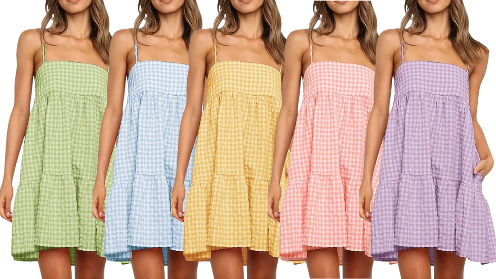 Five identical women wearing strapless gingham dresses in green, blue, yellow, pink, and purple. Dresses have a casual, summery look.